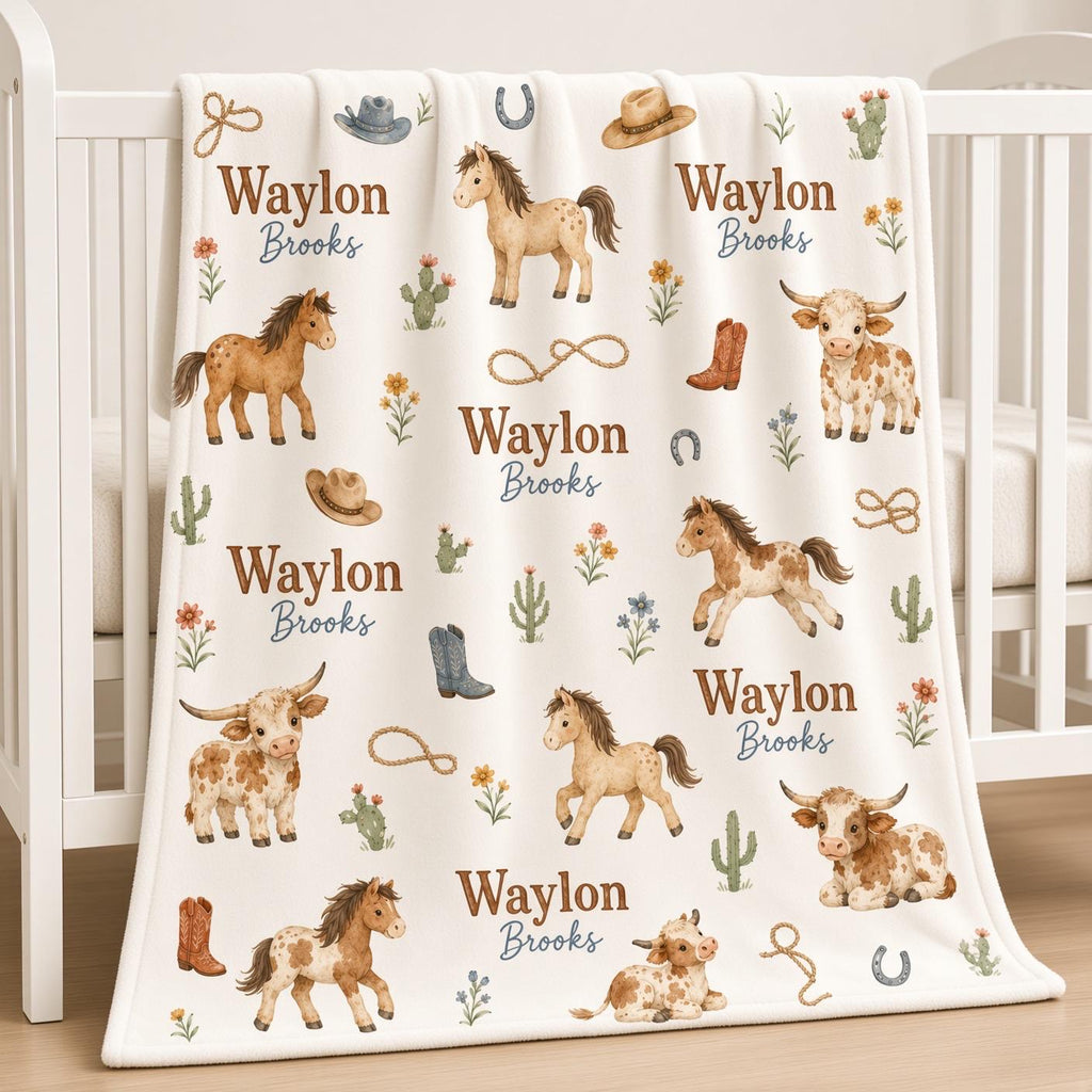 Personalized Cowboy Baby Blanket, Custom Name Western Baby Boy Blanket, Horse Highland Cow Nursery, Rodeo Baby Shower Gift