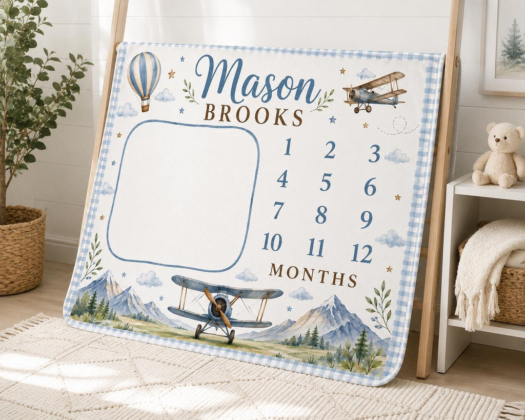 Personalized Airplane Milestone Blanket, Baby Boy Monthly Milestone Blanket, Aviation Baby Blanket, Custom Name Blanket, Adve