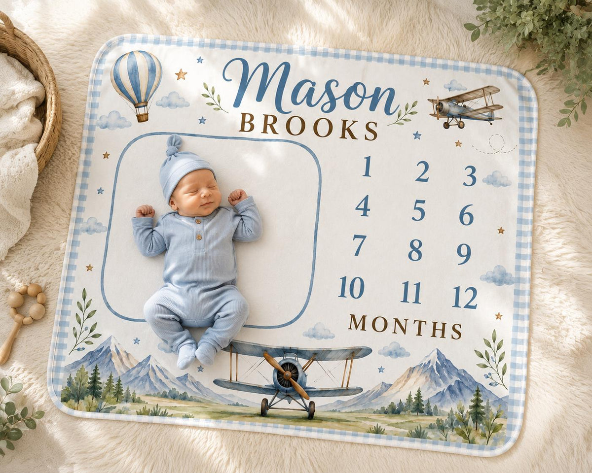 Personalized Airplane Milestone Blanket, Baby Boy Monthly Milestone Blanket, Aviation Baby Blanket, Custom Name Blanket, Adve