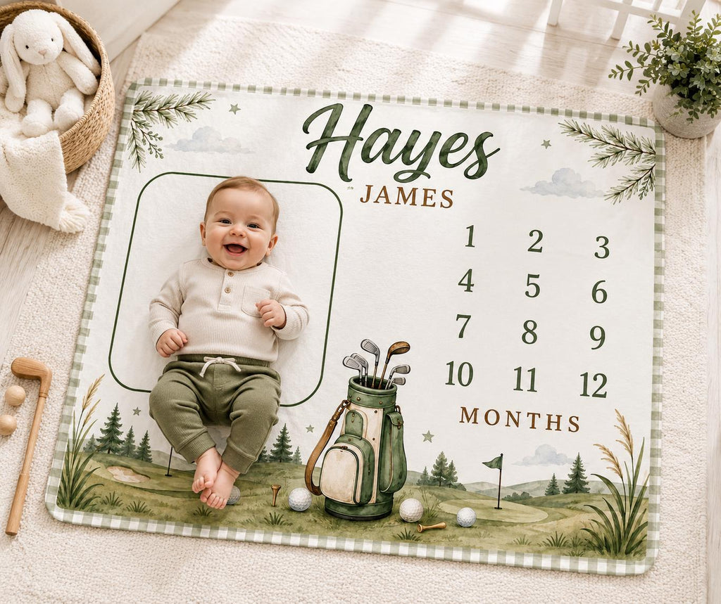 Personalized Golf Milestone Blanket, Baby Boy Monthly Milestone Blanket, Golf Baby Blanket, Custom Name Blanket, Golfer Nurse