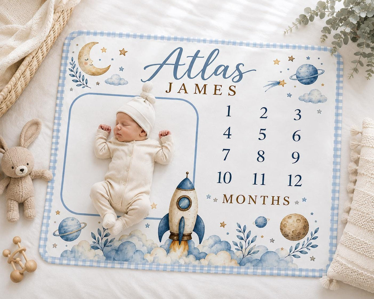 Personalized Space Milestone Blanket, Baby Boy Monthly Milestone Blanket, Rocket Ship Baby Blanket, Custom Name Blanket, Spac