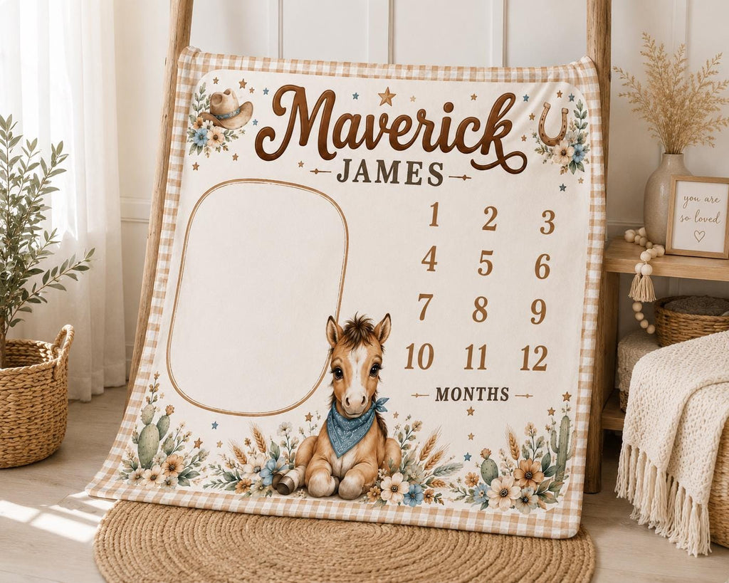 Personalized Cowboy Milestone Blanket, Baby Boy Monthly Milestone Blanket, Western Baby Blanket, Horse Nursery Decor, Custom 