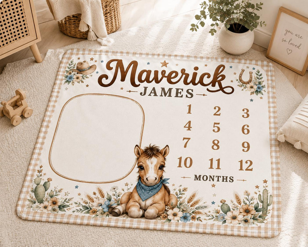Personalized Cowboy Milestone Blanket, Baby Boy Monthly Milestone Blanket, Western Baby Blanket, Horse Nursery Decor, Custom 