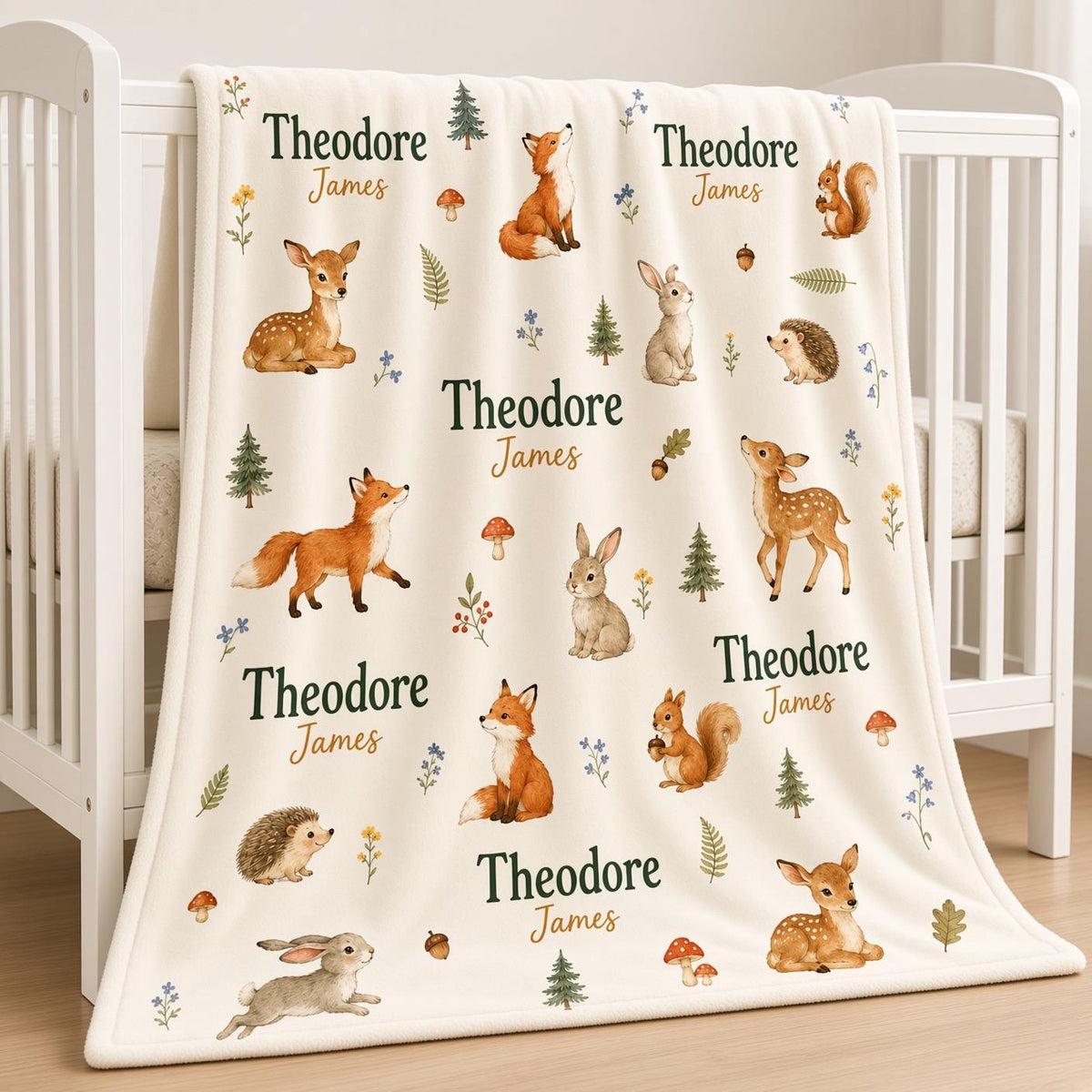 Personalized Woodland Baby Blanket, Custom Name Baby Boy Blanket, Forest Animal Nursery, Deer Fox Bunny Newborn Gift