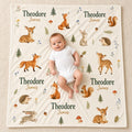 Personalized Woodland Baby Blanket, Custom Name Baby Boy Blanket, Forest Animal Nursery, Deer Fox Bunny Newborn Gift