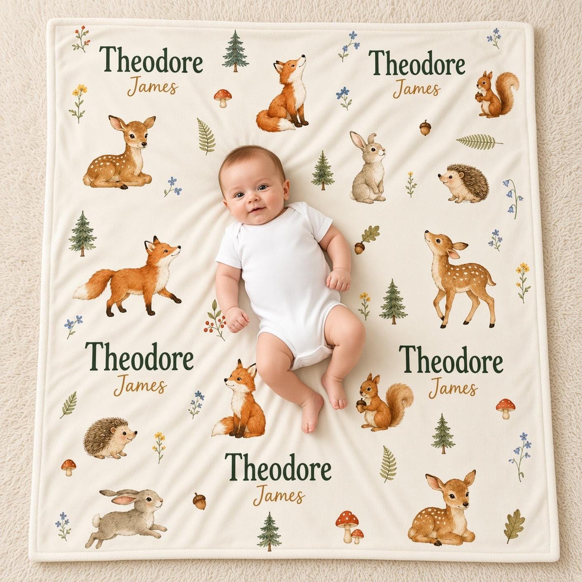 Personalized Woodland Baby Blanket, Custom Name Baby Boy Blanket, Forest Animal Nursery, Deer Fox Bunny Newborn Gift