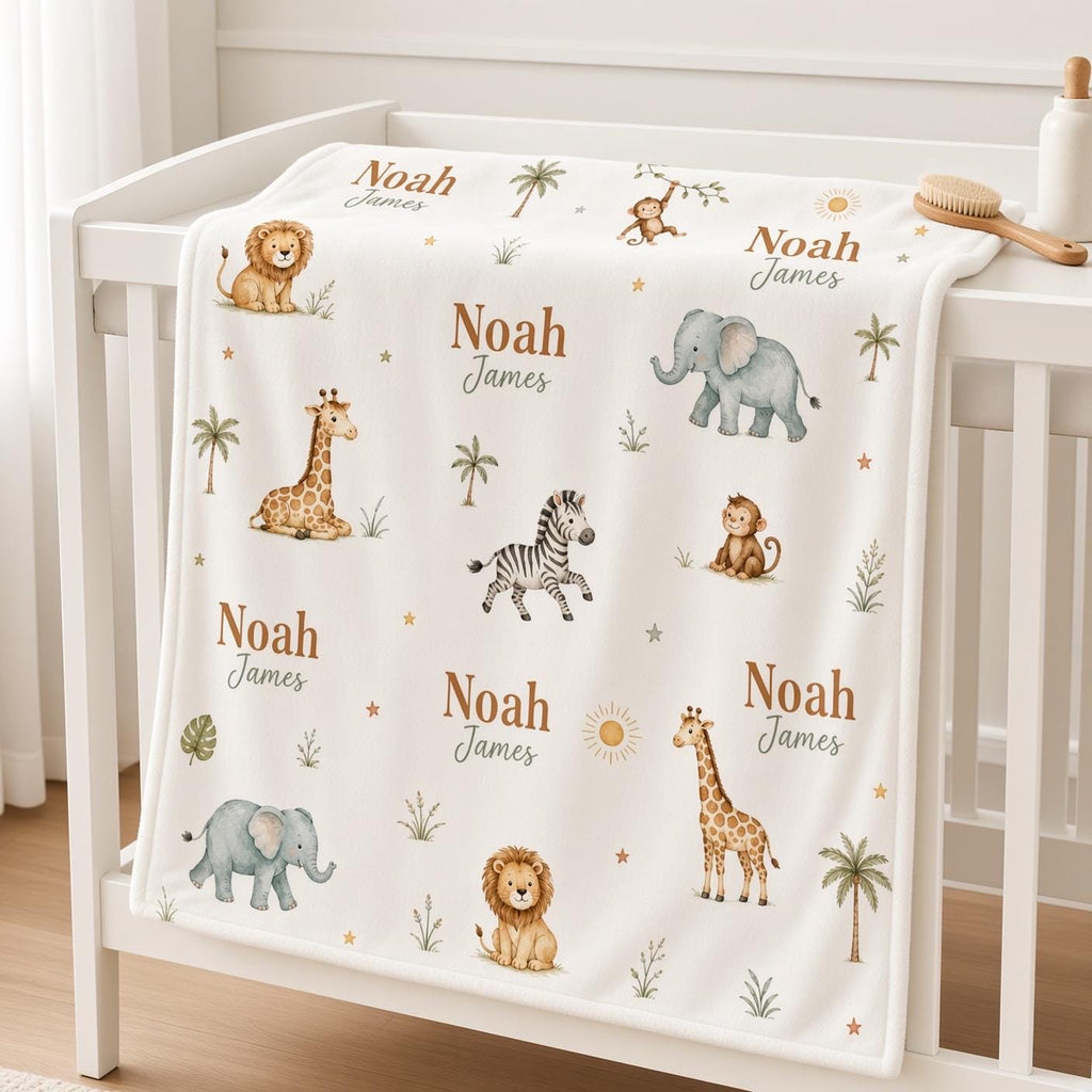 Personalized Safari Baby Blanket, Custom Name Baby Boy Blanket, Jungle Animal Nursery Decor, Safari Newborn Gift, Baby Shower
