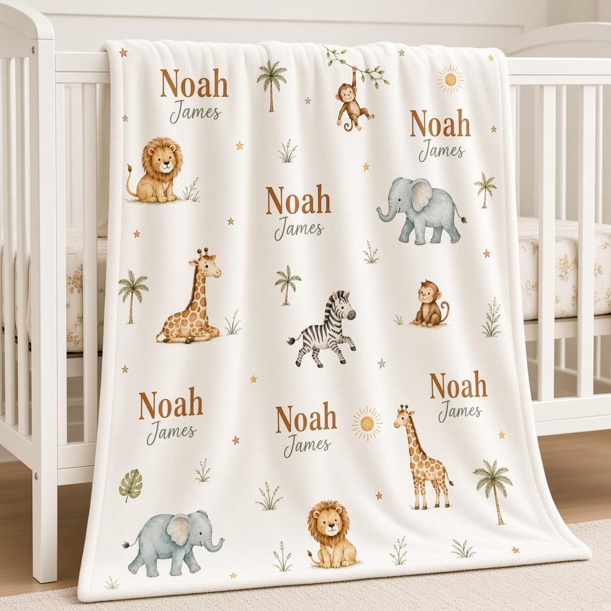 Personalized Safari Baby Blanket, Custom Name Baby Boy Blanket, Jungle Animal Nursery Decor, Safari Newborn Gift, Baby Shower