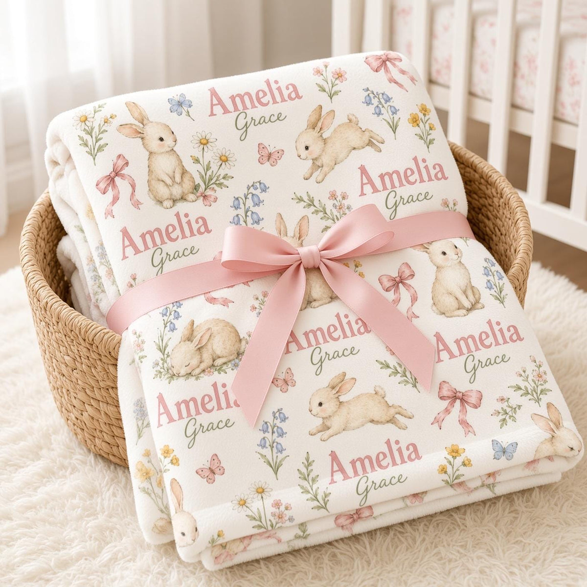 Personalized Bunny Baby Blanket, Custom Name Baby Girl Blanket, Floral Rabbit Nursery Decor, Newborn Girl Gift, Baby Shower G