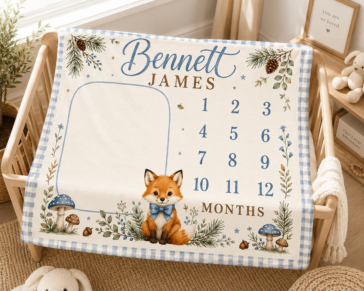 Personalized Woodland Milestone Blanket, Baby Boy Monthly Milestone Blanket, Fox Baby Blanket, Custom Name Blanket, Woodland 
