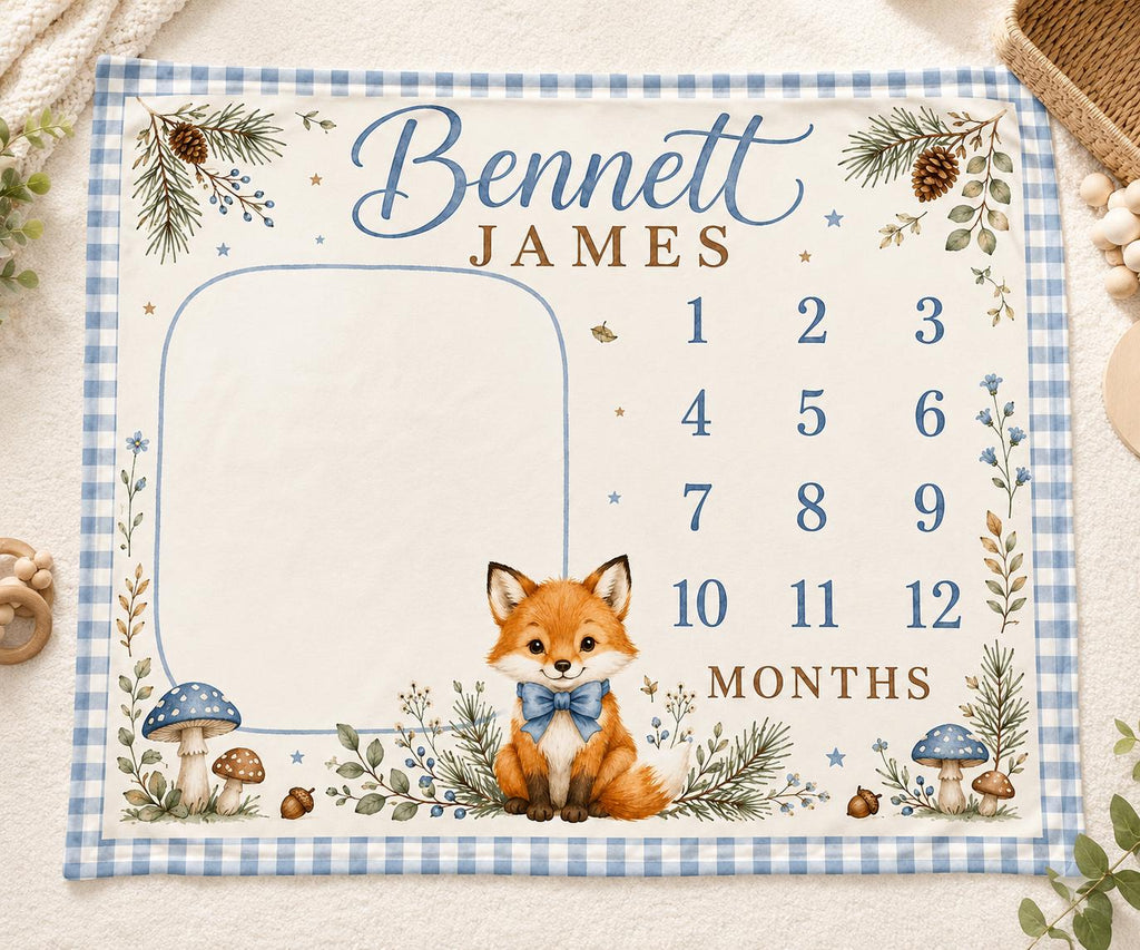 Personalized Woodland Milestone Blanket, Baby Boy Monthly Milestone Blanket, Fox Baby Blanket, Custom Name Blanket, Woodland 