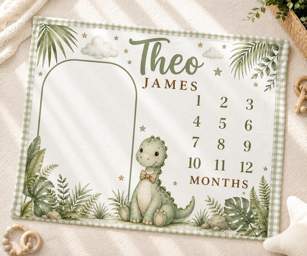 Personalized Dinosaur Milestone Blanket, Baby Boy Monthly Milestone Blanket, Dino Baby Blanket, Custom Name Blanket, Dinosaur