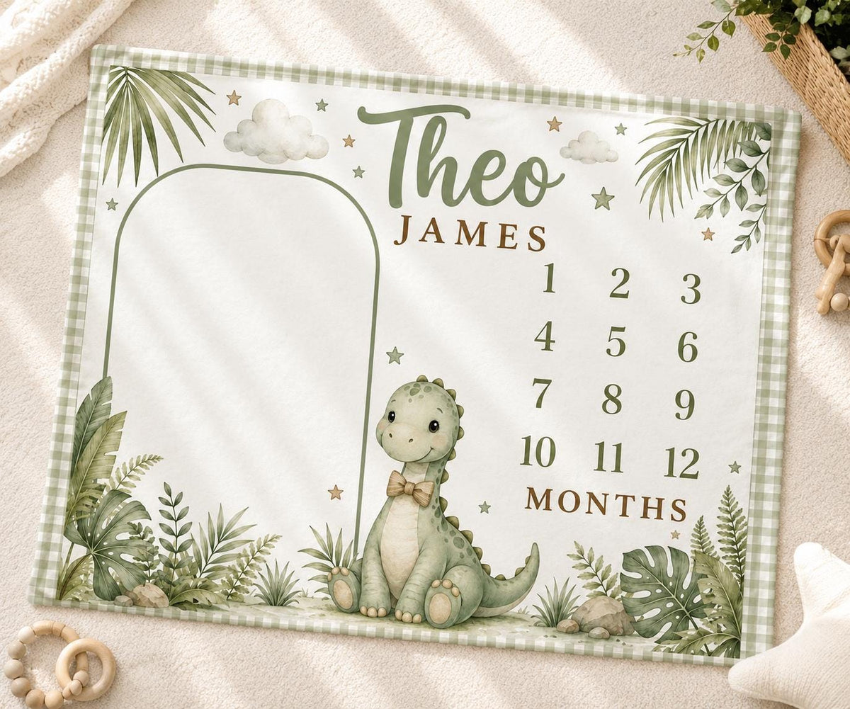Personalized Dinosaur Milestone Blanket, Baby Boy Monthly Milestone Blanket, Dino Baby Blanket, Custom Name Blanket, Dinosaur