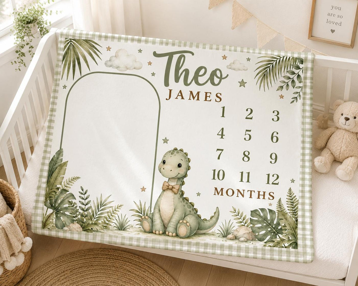 Personalized Dinosaur Milestone Blanket, Baby Boy Monthly Milestone Blanket, Dino Baby Blanket, Custom Name Blanket, Dinosaur