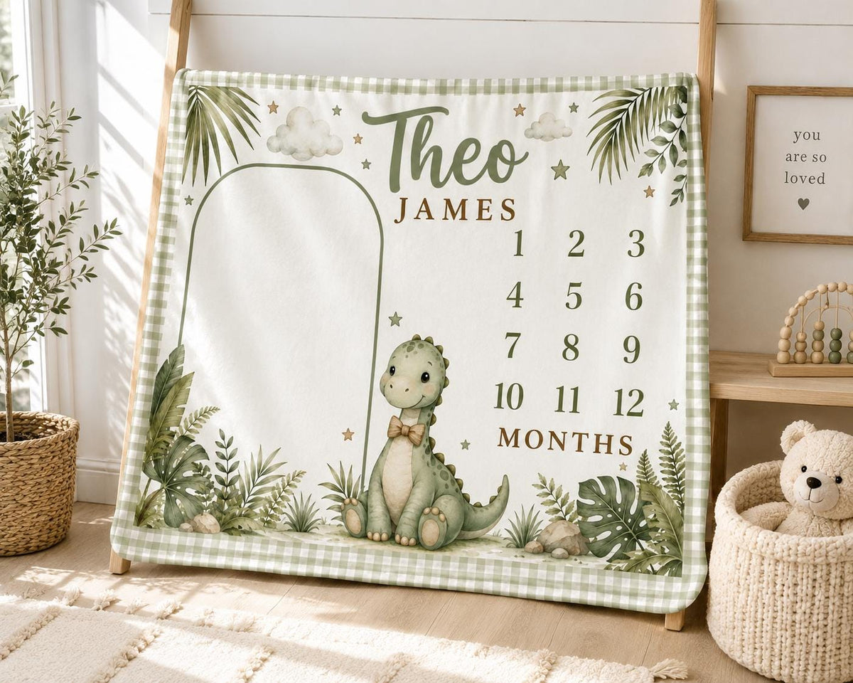 Personalized Dinosaur Milestone Blanket, Baby Boy Monthly Milestone Blanket, Dino Baby Blanket, Custom Name Blanket, Dinosaur