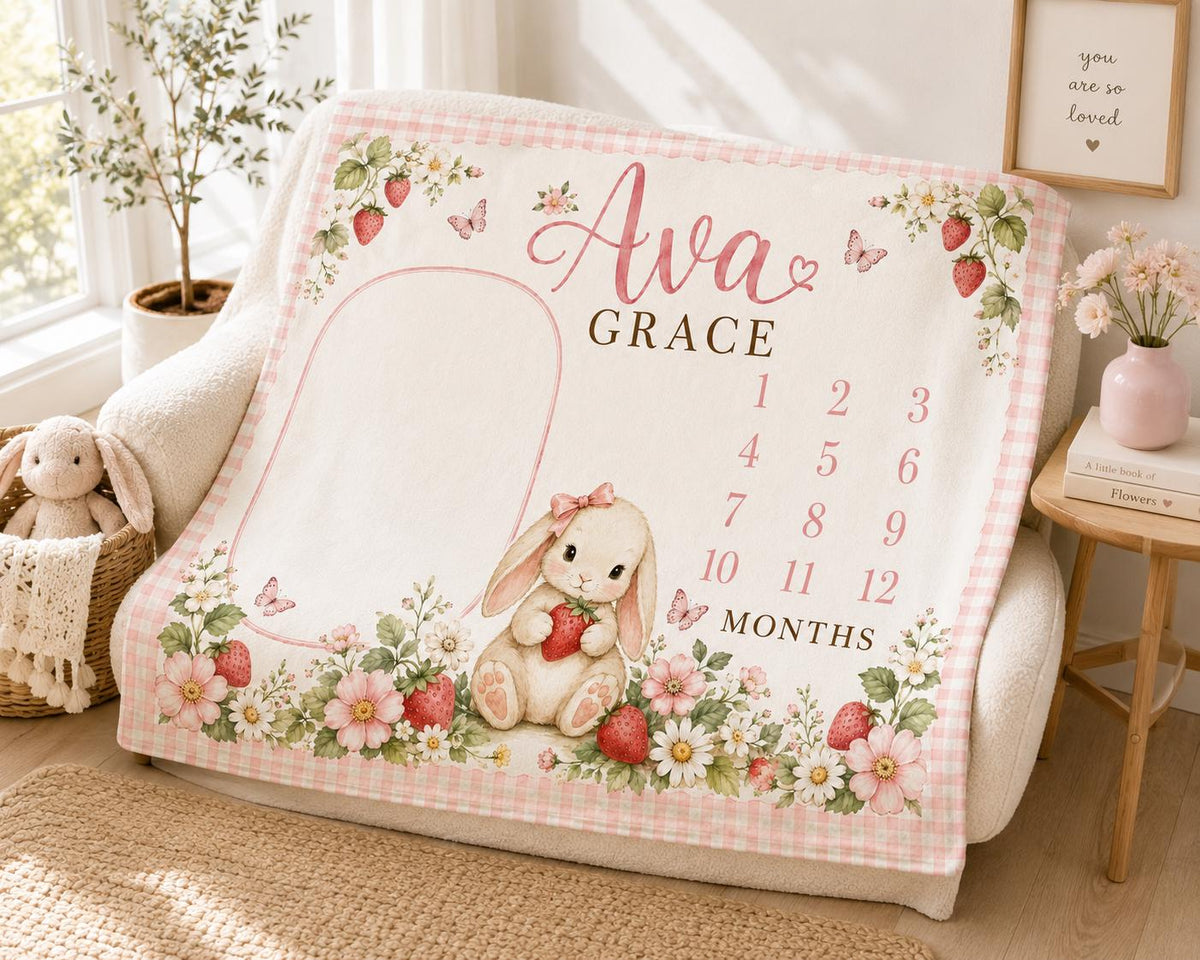 Personalized Strawberry Baby Milestone Blanket, Custom Name Baby Girl Blanket, Monthly Baby Blanket, Bunny Nursery, Baby Show