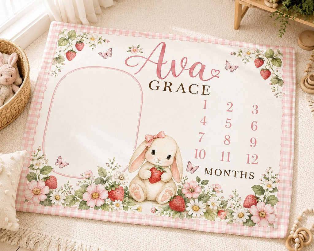 Personalized Strawberry Baby Milestone Blanket, Custom Name Baby Girl Blanket, Monthly Baby Blanket, Bunny Nursery, Baby Show