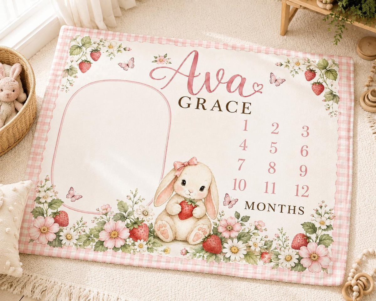 Personalized Strawberry Baby Milestone Blanket, Custom Name Baby Girl Blanket, Monthly Baby Blanket, Bunny Nursery, Baby Show