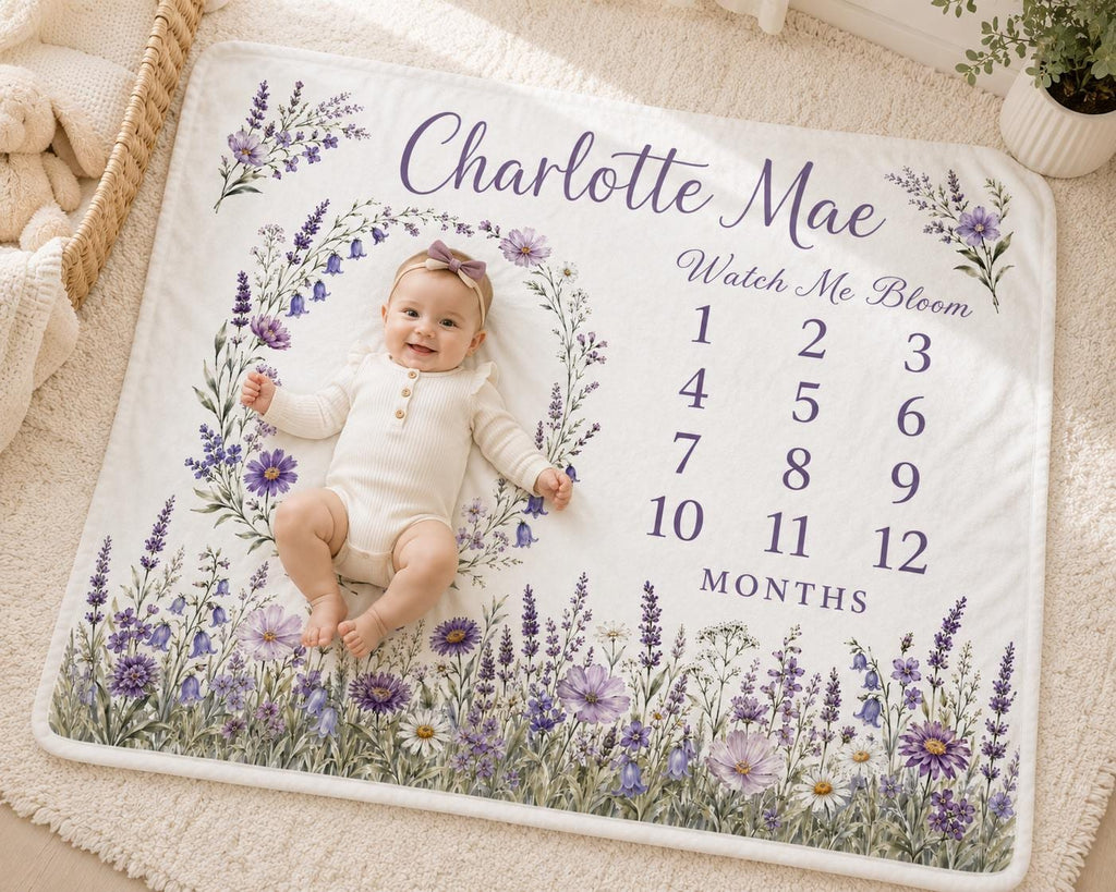 Personalized Floral Milestone Blanket, Baby Girl Monthly Milestone Blanket, Purple Wildflower Baby Blanket, Custom Name Newbo