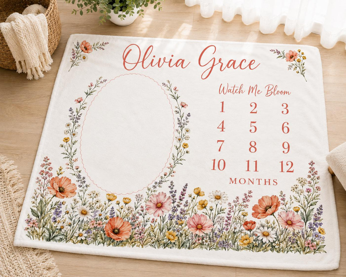 Personalized Wildflower Milestone Blanket, Baby Girl Monthly Milestone Blanket, Watch Me Bloom Blanket, Custom Floral Baby Gi