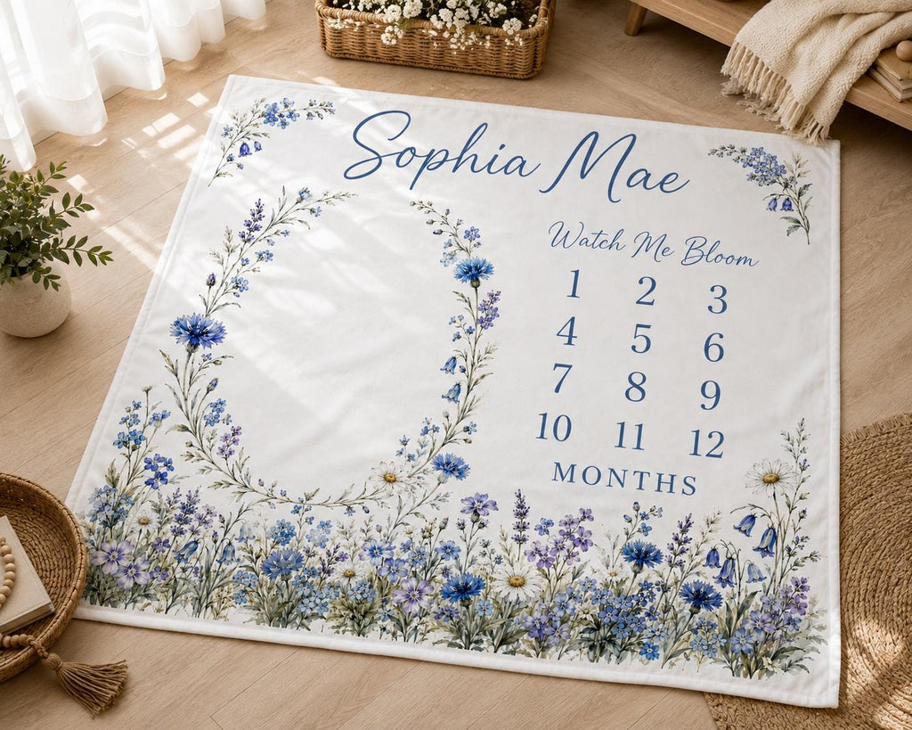 Personalized Blue Wildflower Milestone Blanket, Watch Me Bloom Baby Blanket, Monthly Milestone Blanket, Custom Baby Girl Gift
