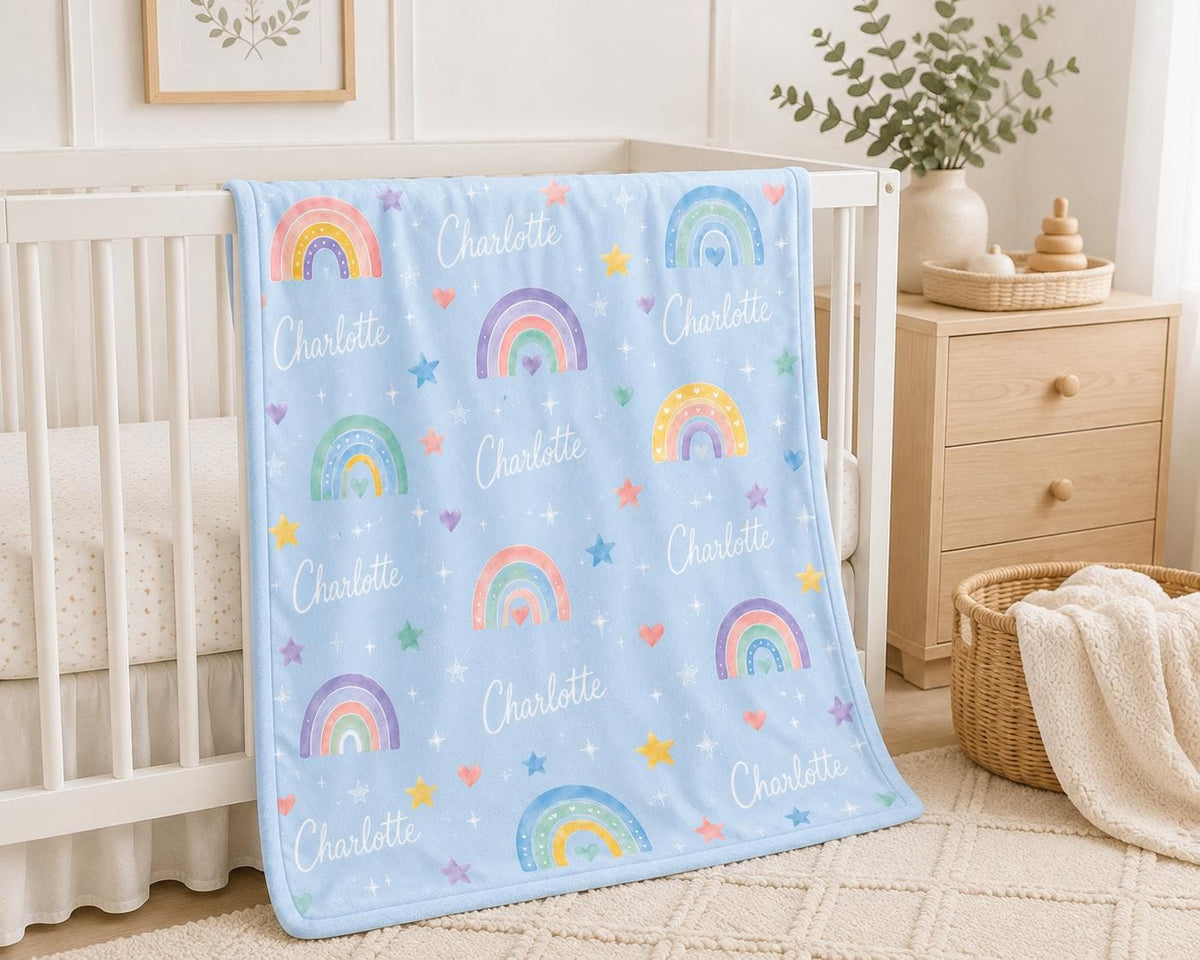 Personalized Rainbow Baby Blanket, Custom Name Girl Blanket, Pastel Rainbow Nursery Blanket, Baby Shower Gift, Newborn Keepsa