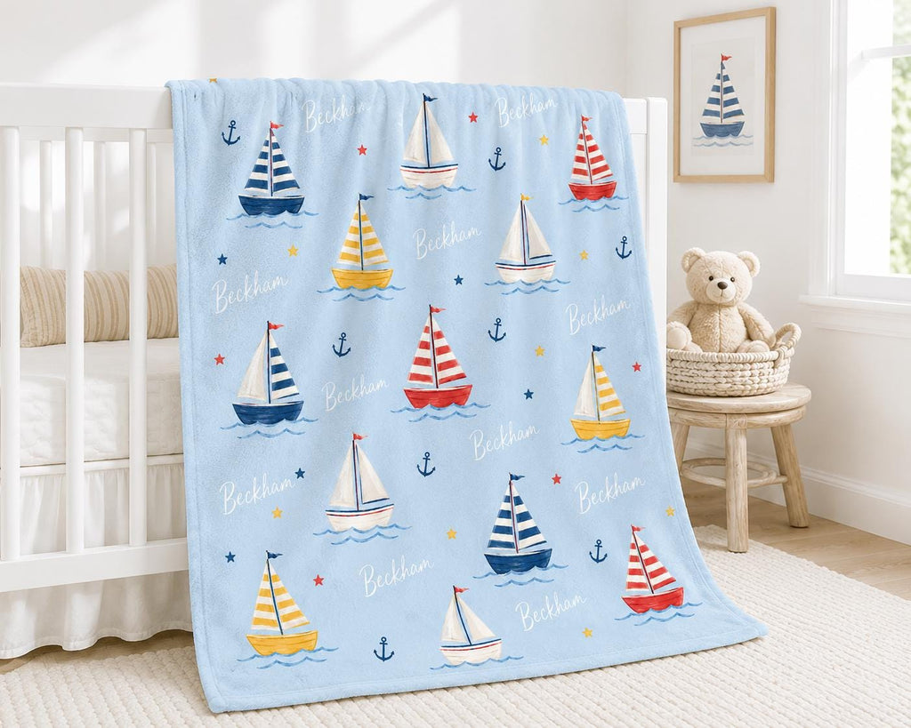 Personalized Sailboat Baby Blanket, Custom Name Boy Blanket, Nautical Nursery Decor, Coastal Baby Gift, Baby Shower Gift