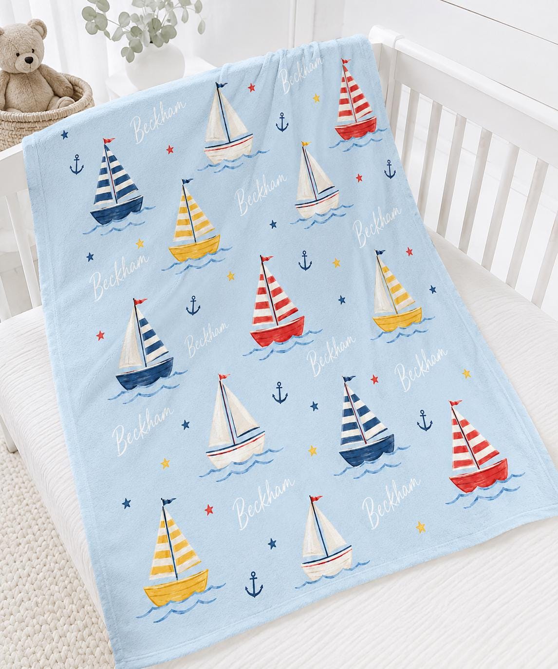 Personalized Sailboat Baby Blanket, Custom Name Boy Blanket, Nautical Nursery Decor, Coastal Baby Gift, Baby Shower Gift