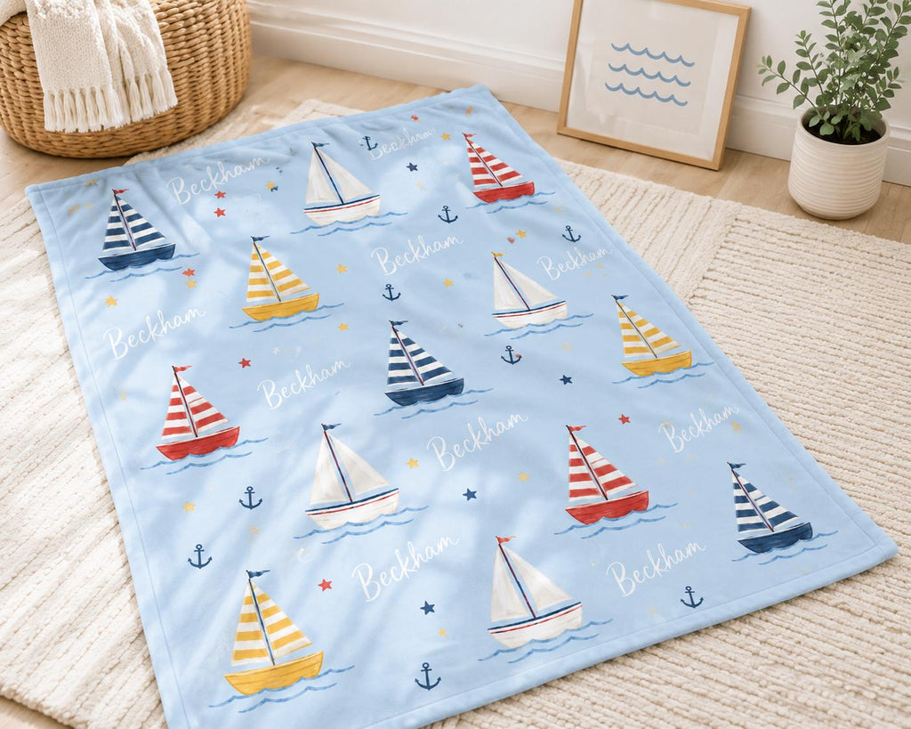 Personalized Sailboat Baby Blanket, Custom Name Boy Blanket, Nautical Nursery Decor, Coastal Baby Gift, Baby Shower Gift