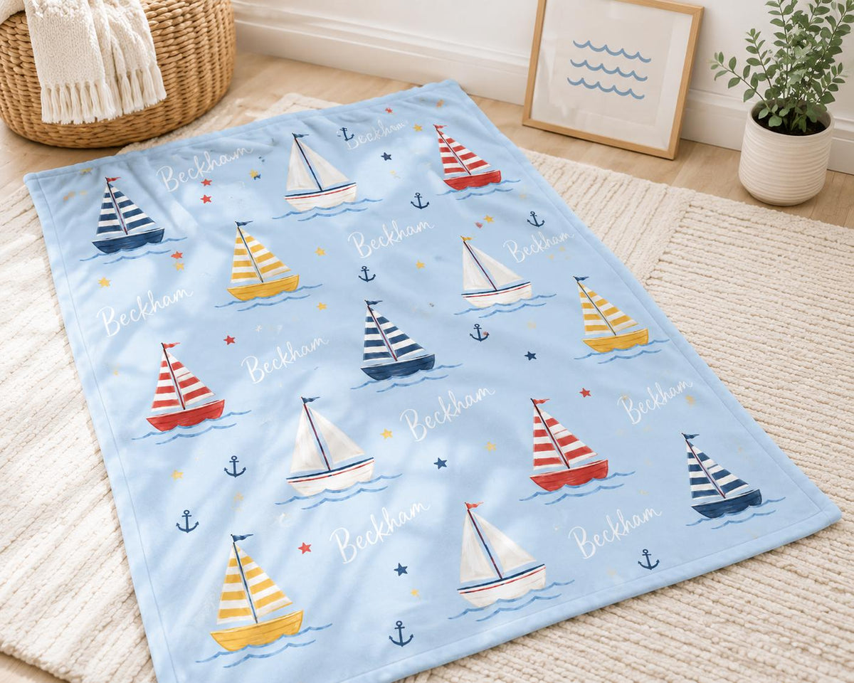 Personalized Sailboat Baby Blanket, Custom Name Boy Blanket, Nautical Nursery Decor, Coastal Baby Gift, Baby Shower Gift