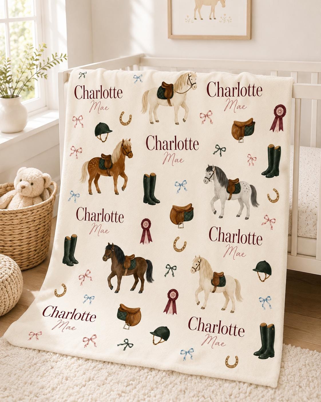 Personalized Horse Baby Blanket, Custom Name Equestrian Blanket, Pony Nursery Decor, Baby Girl Blanket, Horse Lover Baby Show