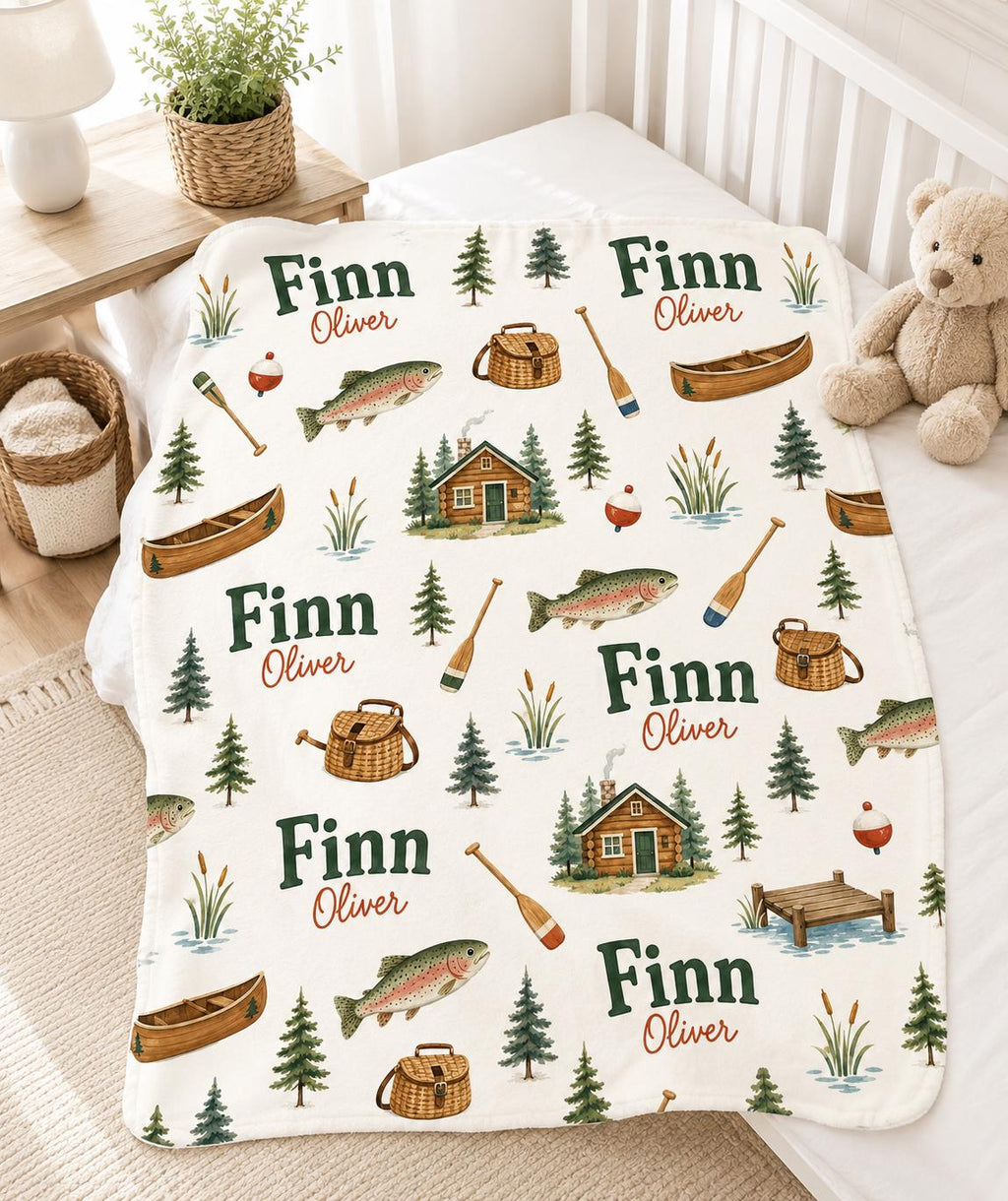 Personalized Fishing Baby Blanket, Custom Name Boy Blanket, Trout Nursery Decor, Lake Cabin Baby Gift, Outdoors Baby Shower G