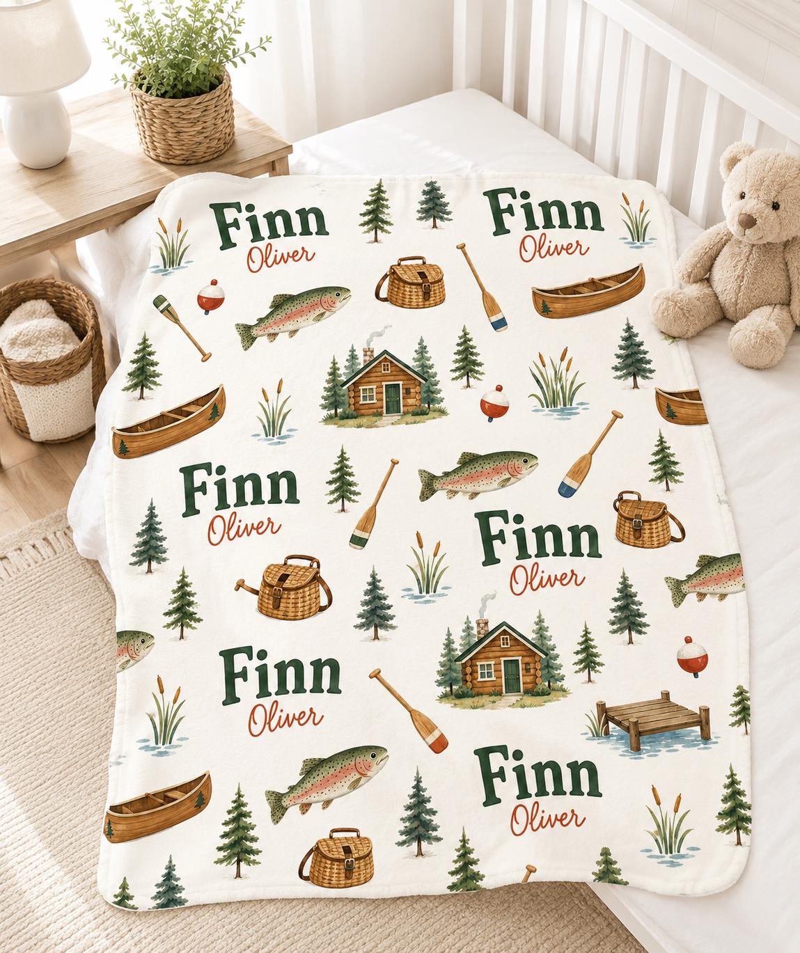 Personalized Fishing Baby Blanket, Custom Name Boy Blanket, Trout Nursery Decor, Lake Cabin Baby Gift, Outdoors Baby Shower G