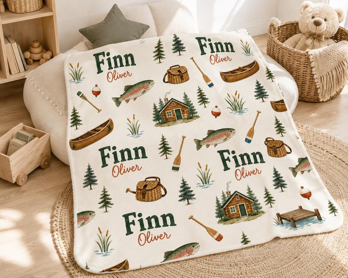 Personalized Fishing Baby Blanket, Custom Name Boy Blanket, Trout Nursery Decor, Lake Cabin Baby Gift, Outdoors Baby Shower G