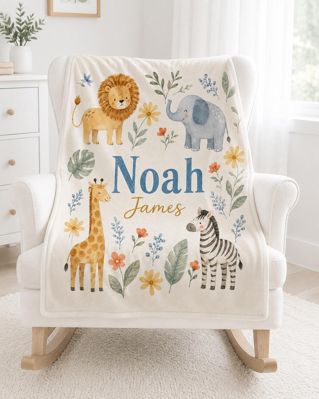 Personalized Safari Baby Blanket, Custom Name Baby Boy Blanket, Jungle Animal Nursery, Lion Elephant Giraffe Zebra Baby Gift
