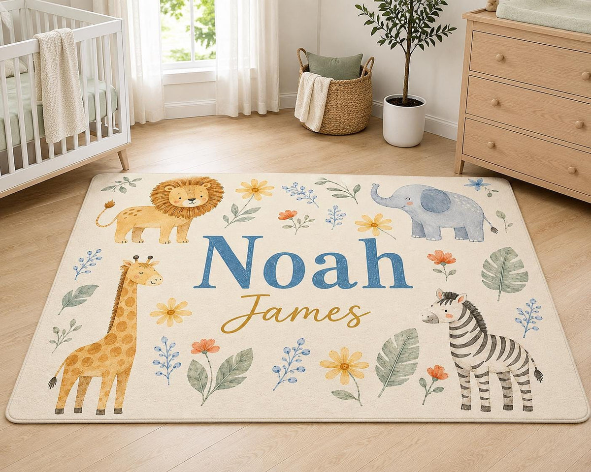 Personalized Safari Nursery Rug, Custom Name Round Rug, Jungle Animal Kids Room Decor, Baby Boy Rug, Lion Giraffe Elephant Ze