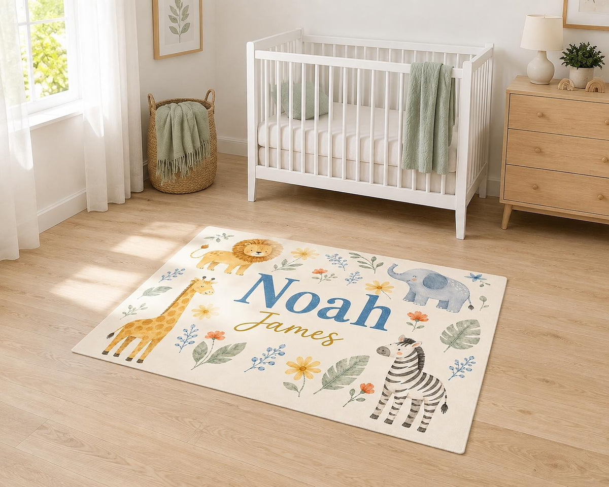 Personalized Safari Nursery Rug, Custom Name Round Rug, Jungle Animal Kids Room Decor, Baby Boy Rug, Lion Giraffe Elephant Ze