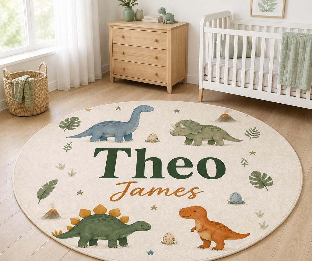Personalized Dinosaur Nursery Rug, Custom Name Round Rug, Dino Kids Room Decor, Baby Boy Nursery, T Rex Triceratops Gift