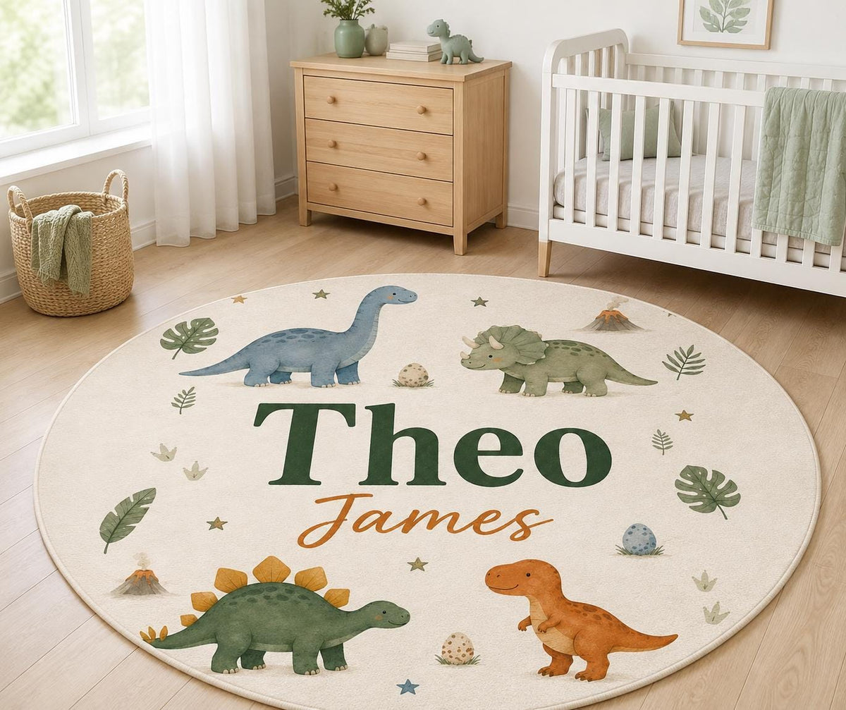 Personalized Dinosaur Nursery Rug, Custom Name Round Rug, Dino Kids Room Decor, Baby Boy Nursery, T Rex Triceratops Gift