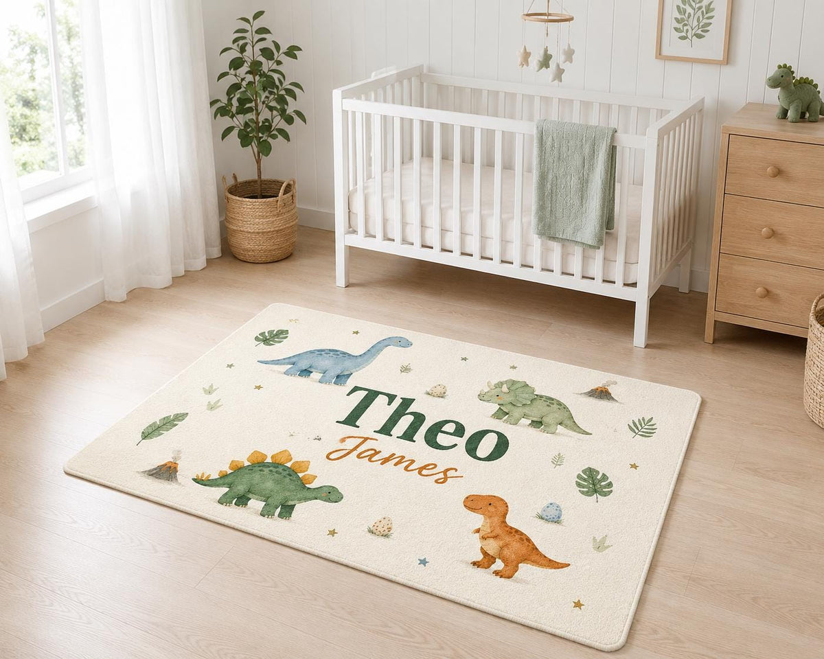 Personalized Dinosaur Nursery Rug, Custom Name Round Rug, Dino Kids Room Decor, Baby Boy Nursery, T Rex Triceratops Gift