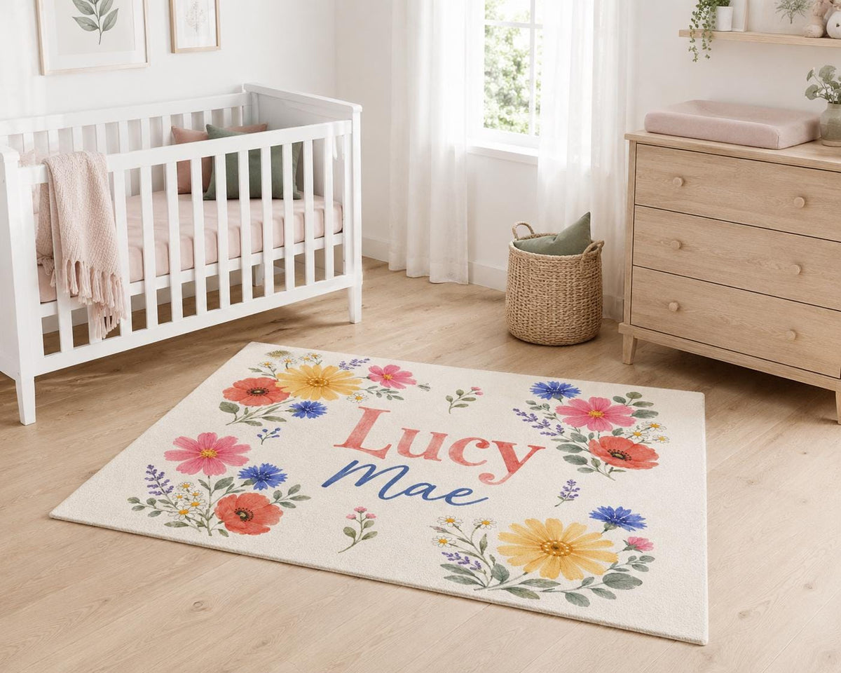 Personalized Floral Nursery Rug, Custom Name Round Rug, Wildflower Kids Room Decor, Baby Girl Nursery, Colorful Flower Rug