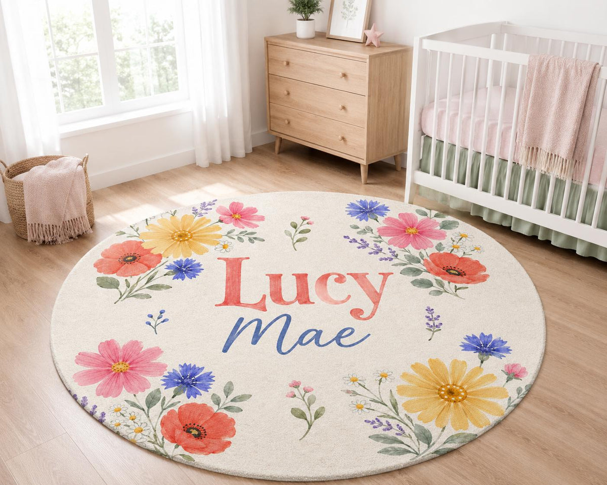 Personalized Floral Nursery Rug, Custom Name Round Rug, Wildflower Kids Room Decor, Baby Girl Nursery, Colorful Flower Rug