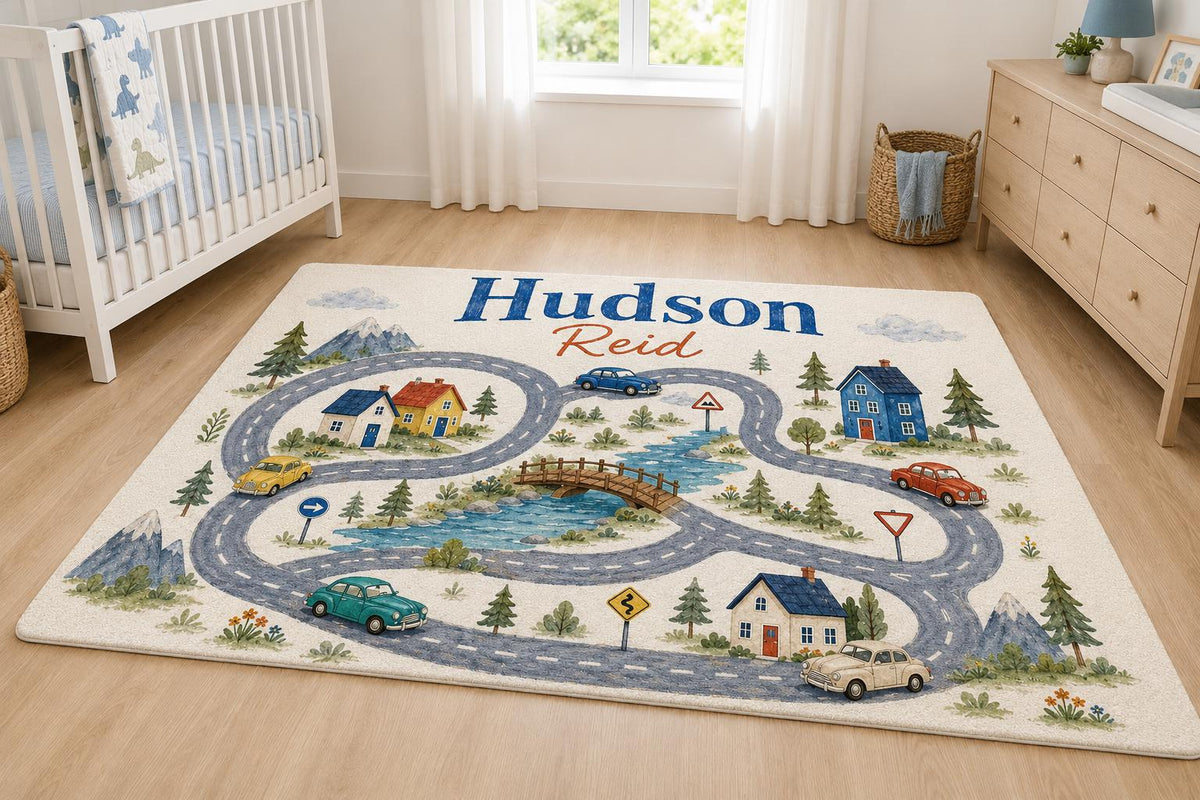 Personalized Road Map Rug, Custom Name Round Play Rug, Car Nursery Decor, Boys Bedroom Rug, Kids Driving Mat, Transportation 