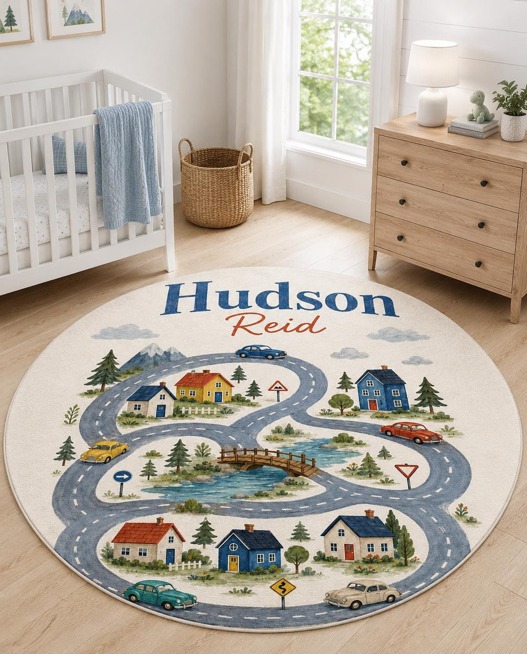 Personalized Road Map Rug, Custom Name Round Play Rug, Car Nursery Decor, Boys Bedroom Rug, Kids Driving Mat, Transportation 