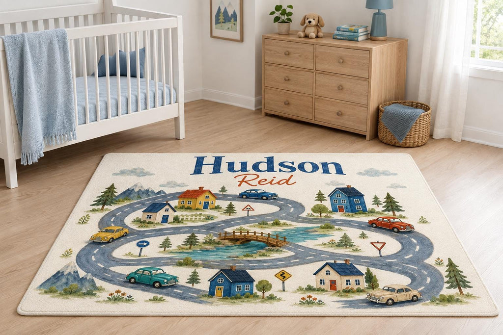 Personalized Road Map Rug, Custom Name Round Play Rug, Car Nursery Decor, Boys Bedroom Rug, Kids Driving Mat, Transportation 