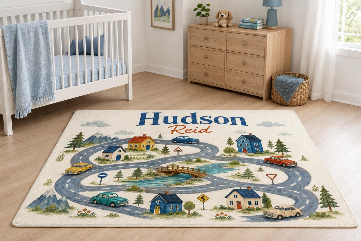 Personalized Road Map Rug, Custom Name Round Play Rug, Car Nursery Decor, Boys Bedroom Rug, Kids Driving Mat, Transportation 