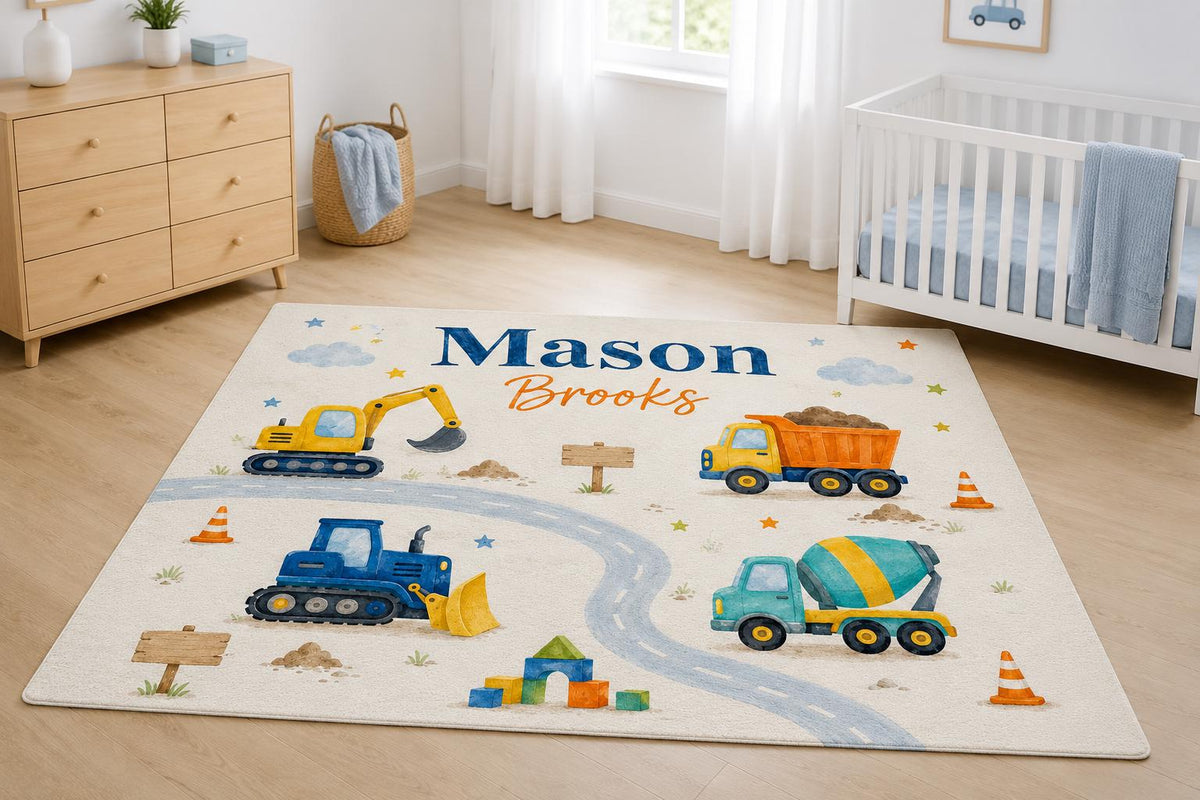 Personalized Construction Nursery Rug, Custom Name Round Rug, Excavator Truck Kids Room Decor, Baby Boy Rug, Construction Gif