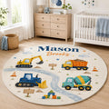 Personalized Construction Nursery Rug, Custom Name Round Rug, Excavator Truck Kids Room Decor, Baby Boy Rug, Construction Gif
