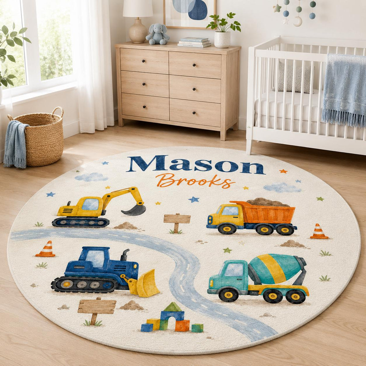 Personalized Construction Nursery Rug, Custom Name Round Rug, Excavator Truck Kids Room Decor, Baby Boy Rug, Construction Gif
