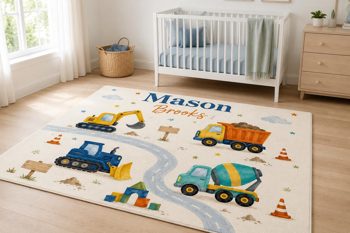 Personalized Construction Nursery Rug, Custom Name Round Rug, Excavator Truck Kids Room Decor, Baby Boy Rug, Construction Gif